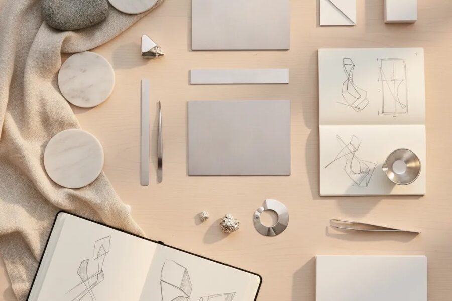 Premium editorial workspace illustrating the benefits using sterling silver jewelry design for collection planning and wholesale jewelry development