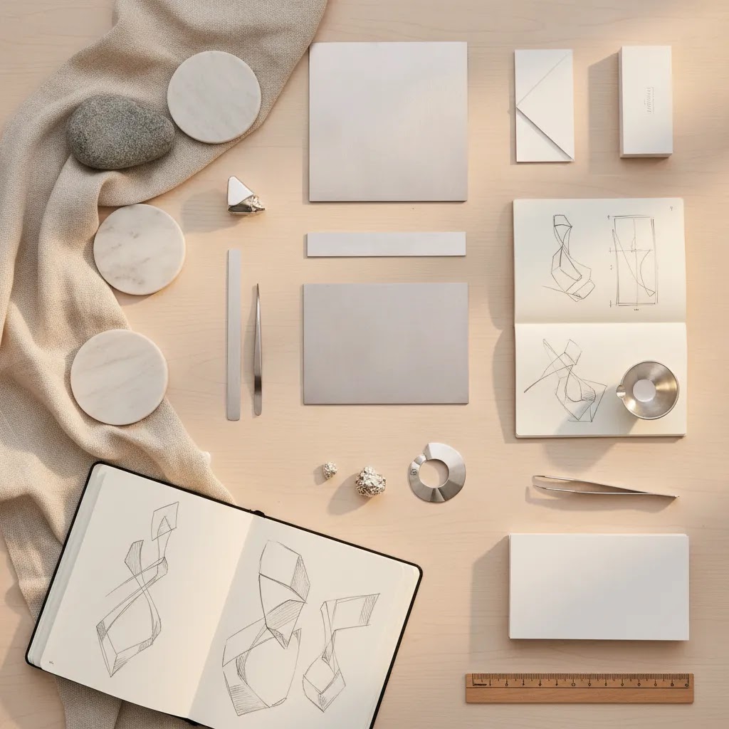 Premium editorial workspace illustrating sterling silver jewelry design for collection planning and wholesale jewelry development