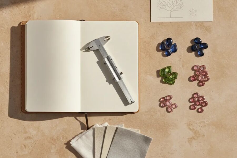 Choosing gemstones jewelry gifts concept with assorted loose stones, design planning tools, and premium sourcing layout
