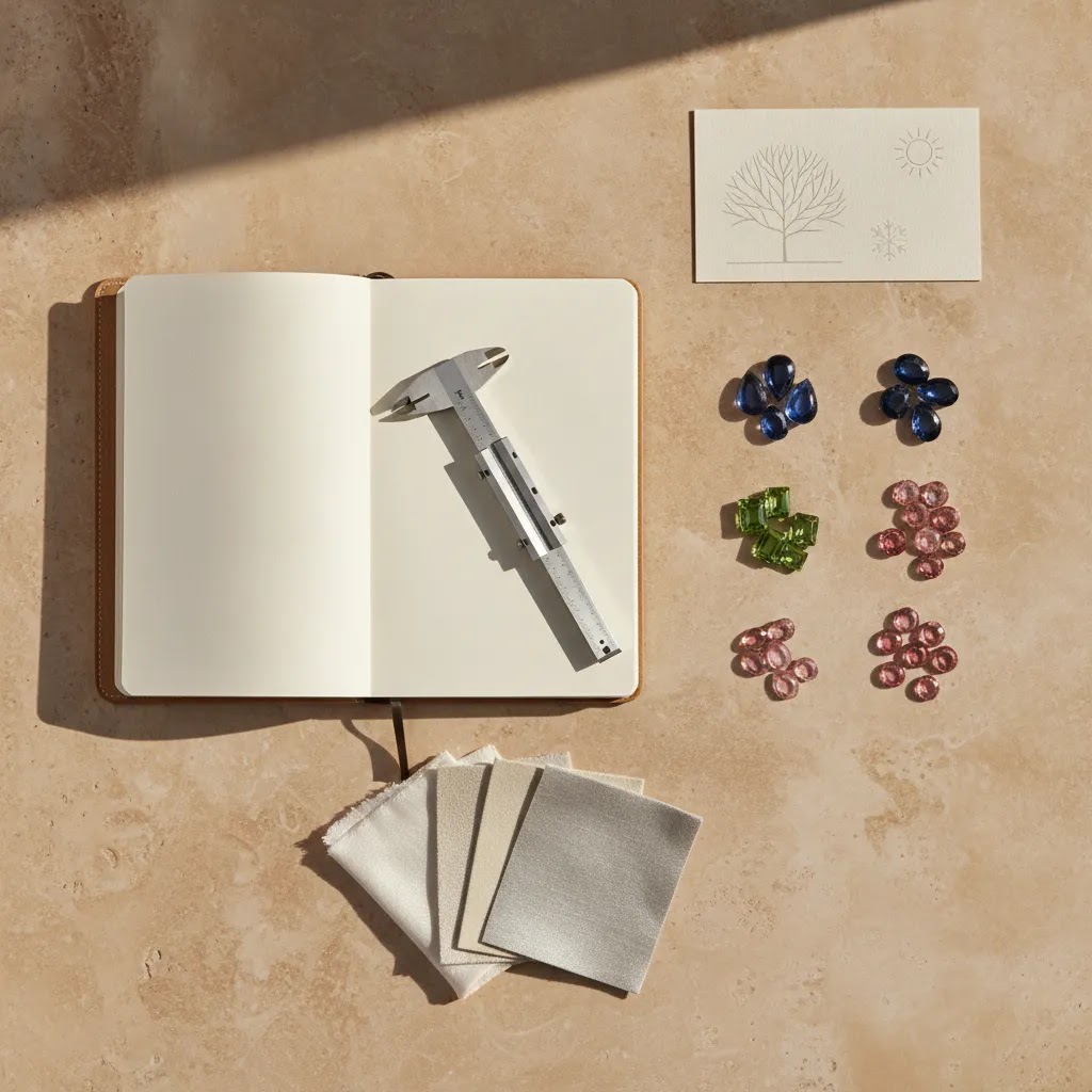 Choosing gemstones jewelry gifts concept with assorted loose stones, design planning tools, and premium sourcing layout