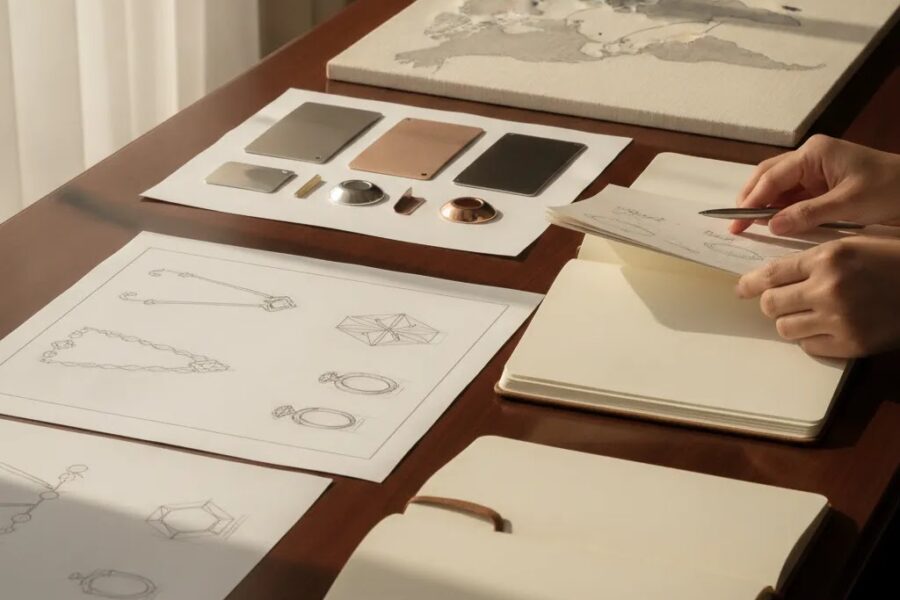 Continuous business growth by manufacturing from China to Thailand illustrated through a premium jewelry business planning workspace