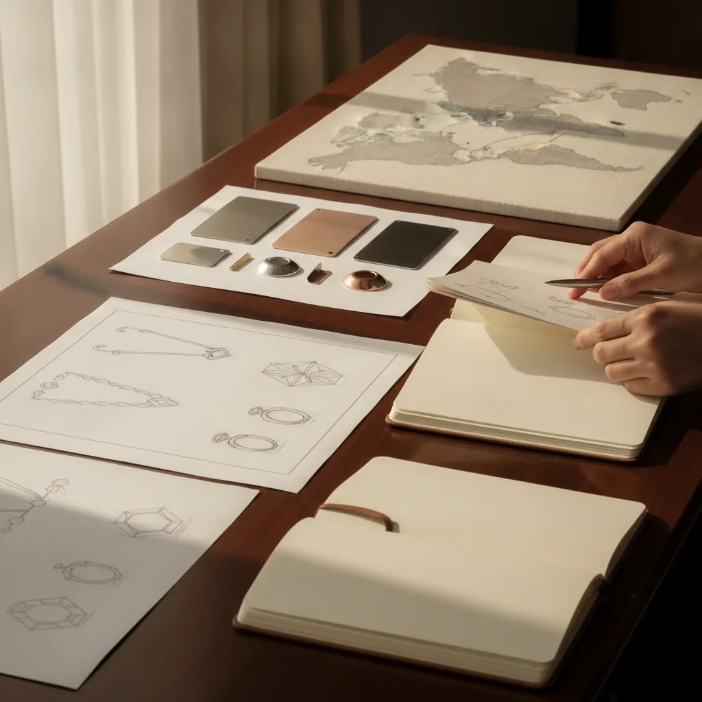 Continuous business growth by manufacturing from China to Thailand illustrated through a premium jewelry business planning workspace