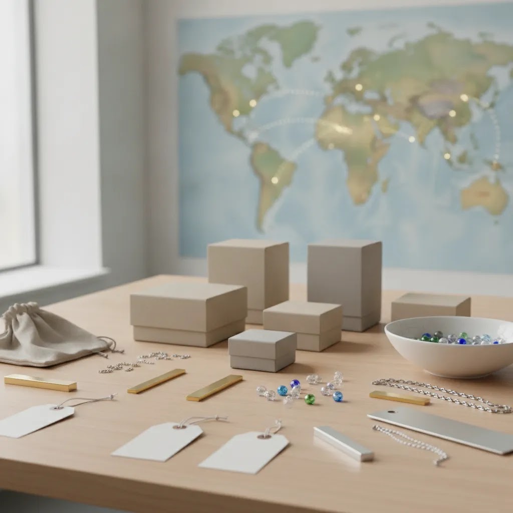 Tariffs on jewelry from China and India illustrated through global sourcing materials and origin planning scene