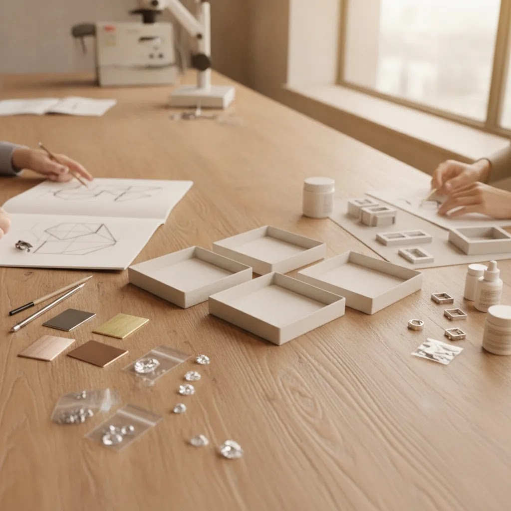 Jewelry diamond sourcing process image showing development materials, loose stones, and private label planning tools