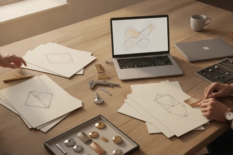 Custom jewelry supplier evaluation workspace with sketches, tools, and sample materials in a premium studio setting