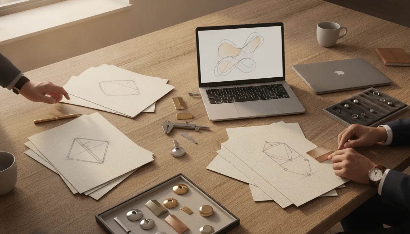 Custom jewelry supplier evaluation workspace with sketches, tools, and sample materials in a premium studio setting