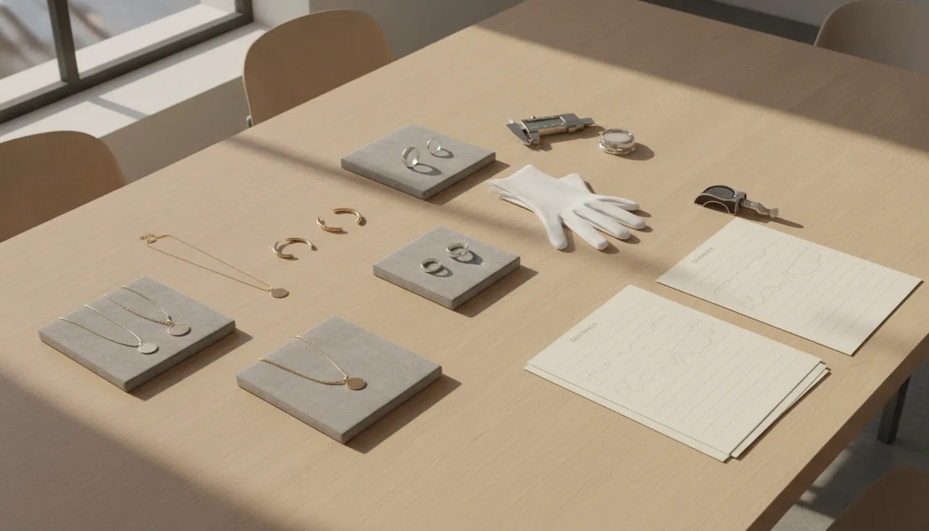 Custom jewelry supplier quality review with generic prototypes, measurement tools, and sample assessment setup