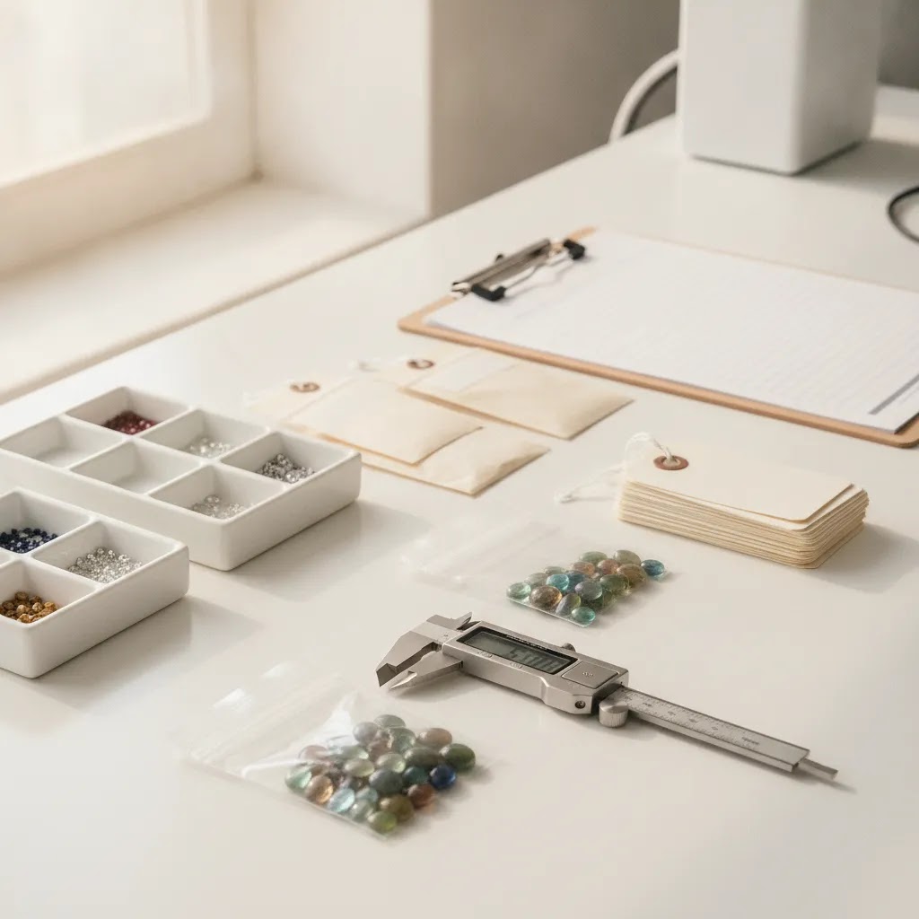 Jewelry diamond sourcing documentation workflow with unbranded gemstones, inventory tools, and traceability paperwork