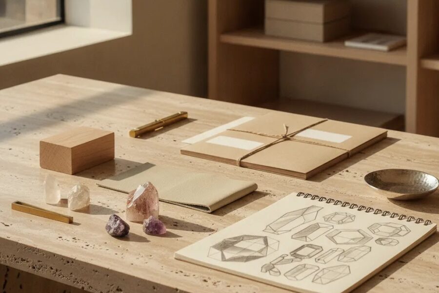 Ethical fine jewelry sourcing workspace for luxury brands with transparent development materials and premium manufacturing context