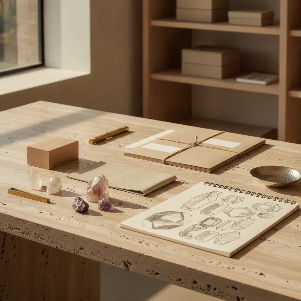 Ethical fine jewelry sourcing workspace for luxury brands with transparent development materials and premium manufacturing context