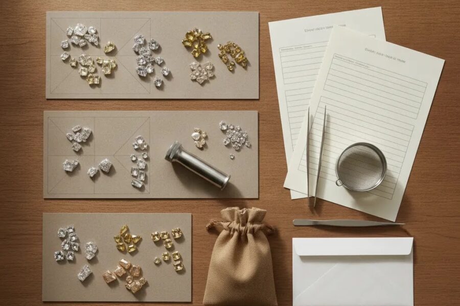 Jewelry diamond sourcing editorial hero image showing ethical sourcing diamonds with documentation and unbranded gemstones