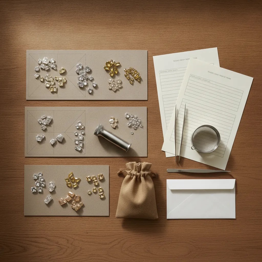 Jewelry diamond sourcing editorial hero image showing ethical sourcing diamonds with documentation and unbranded gemstones