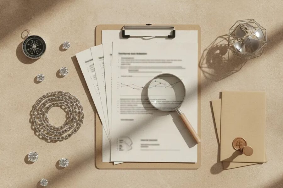 Why is ethical sourcing important in jewelry shown through responsible sourcing documents and unbranded jewelry materials in a luxury manufacturing setting
