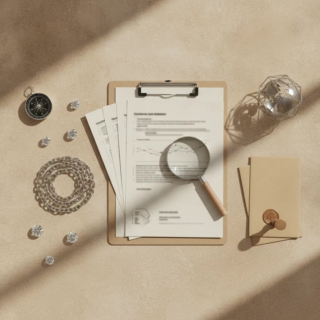 Why is ethical sourcing important in jewelry shown through responsible sourcing documents and unbranded jewelry materials in a luxury manufacturing setting