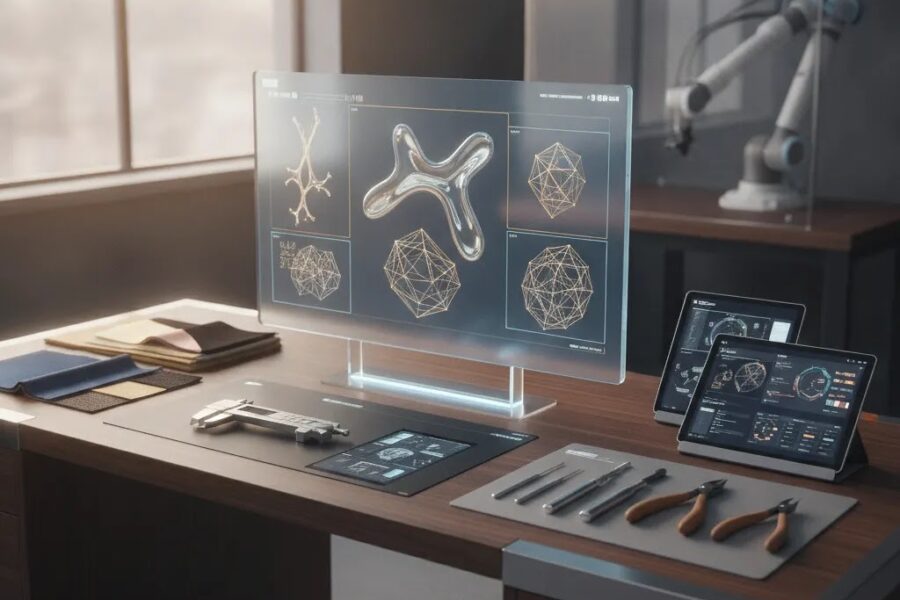 Future custom jewelry manufacturing advanced technologies shown through a premium digital design and production planning workspace