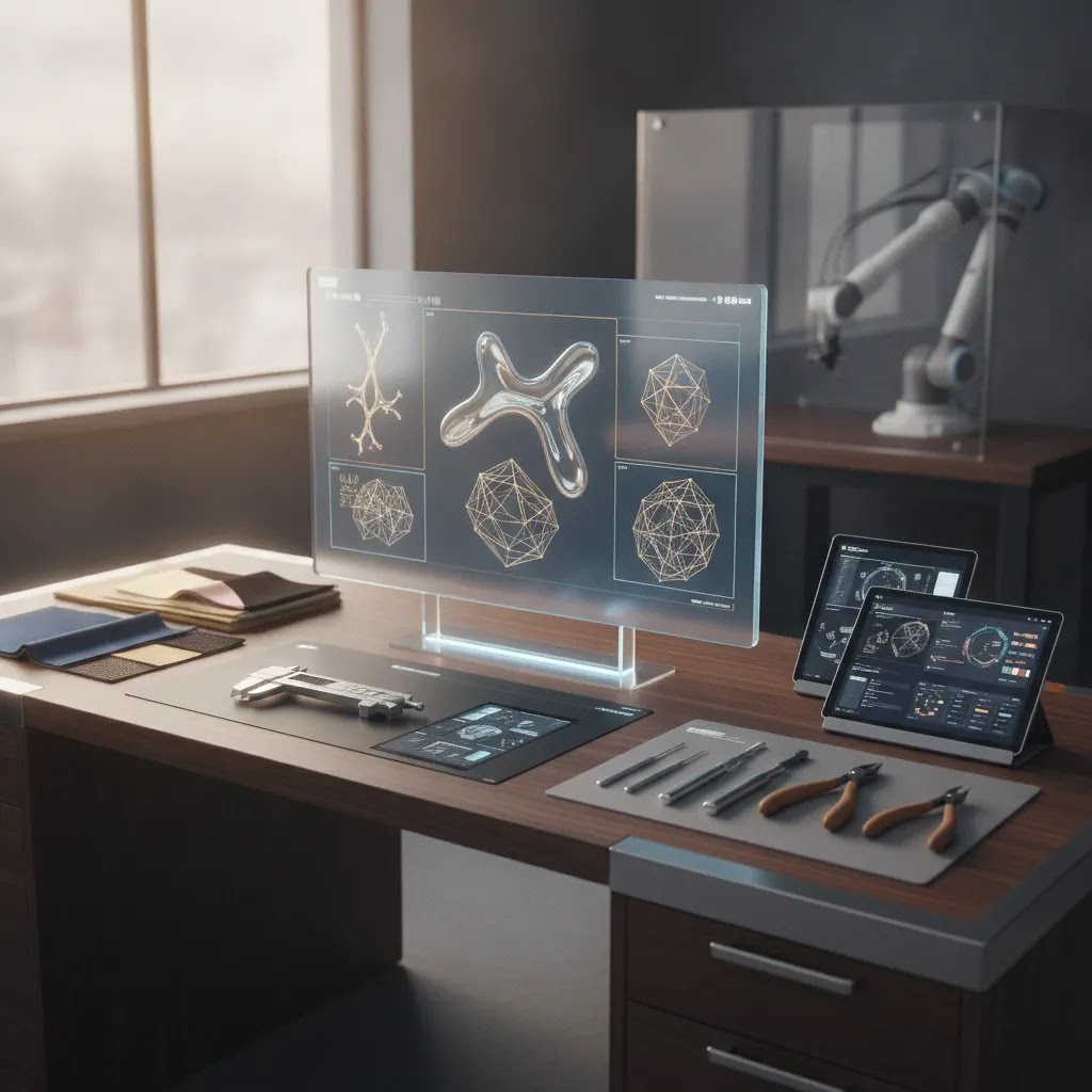 Future custom jewelry manufacturing advanced technologies shown through a premium digital design and production planning workspace