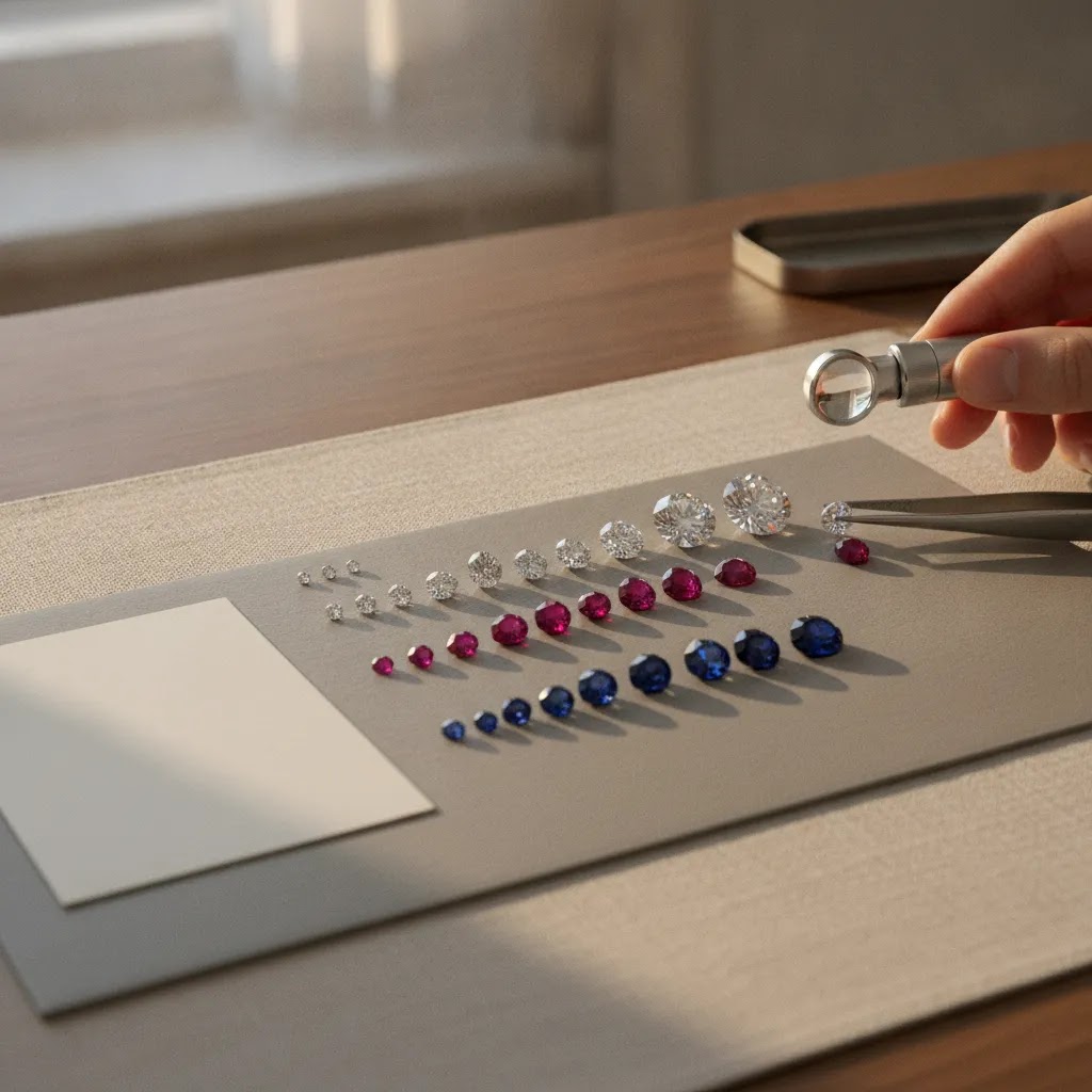 Choosing gemstones jewelry gifts through quality evaluation of loose stones in a premium sourcing scene
