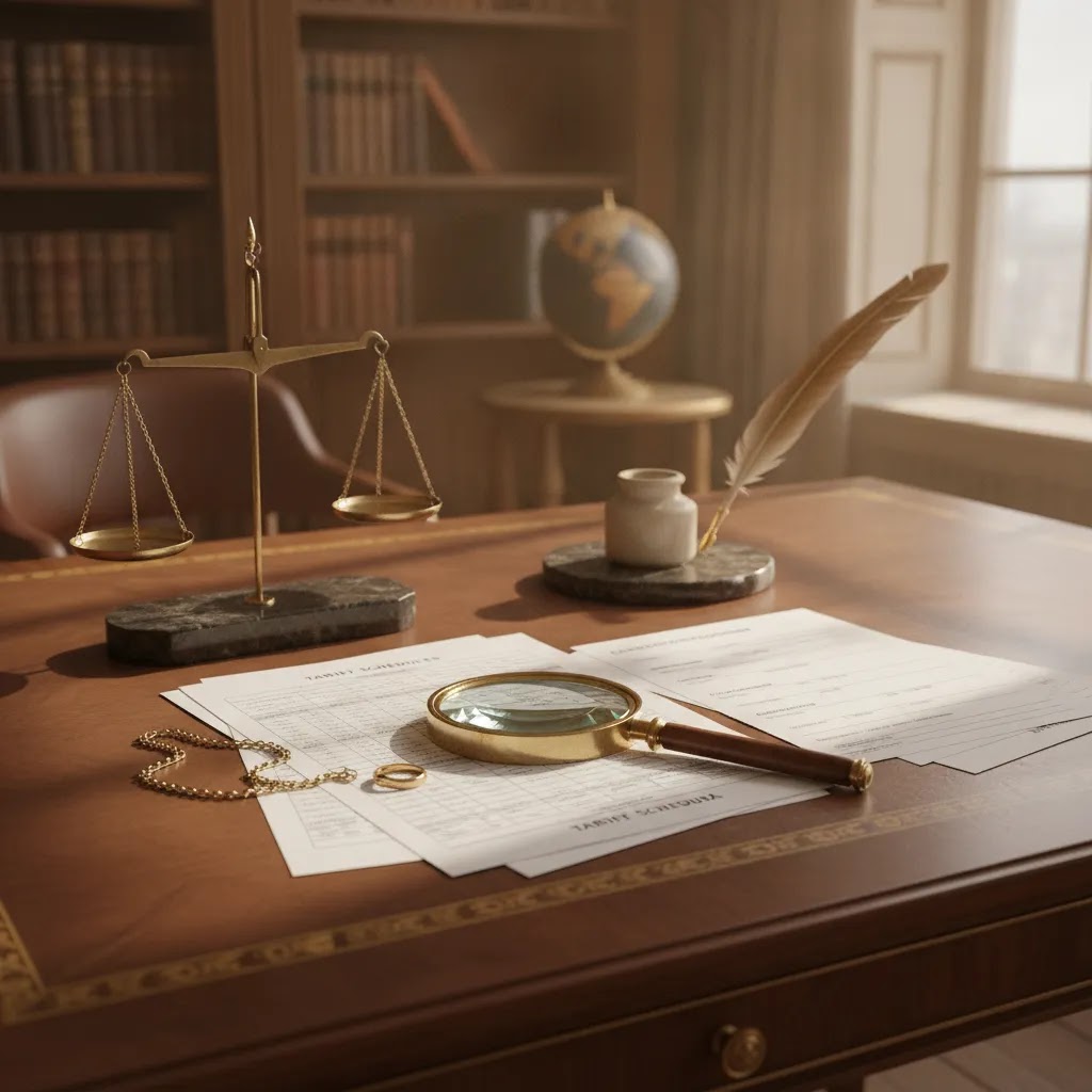 Gold jewelry import duties and HS classification documents on a professional desk