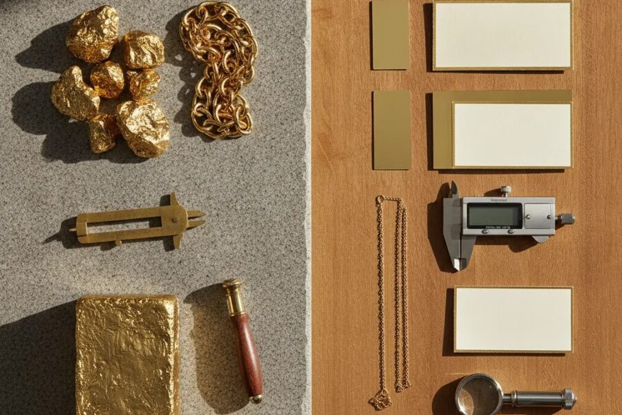 Gold vs gold plated comparison scene for jewelry brands showing premium metal textures and quality evaluation tools