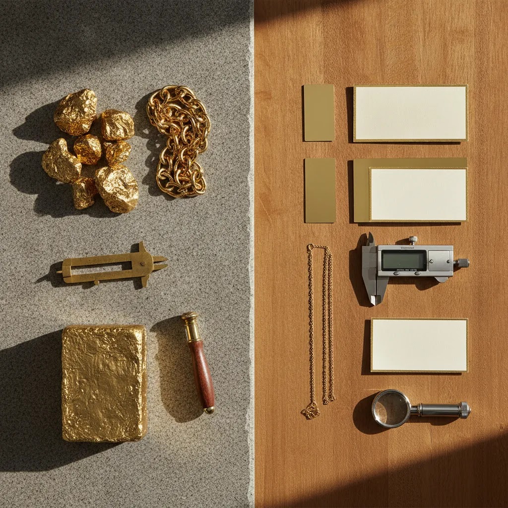 gold vs gold plated comparison for jewelry brands showing premium metal textures and quality evaluation tools