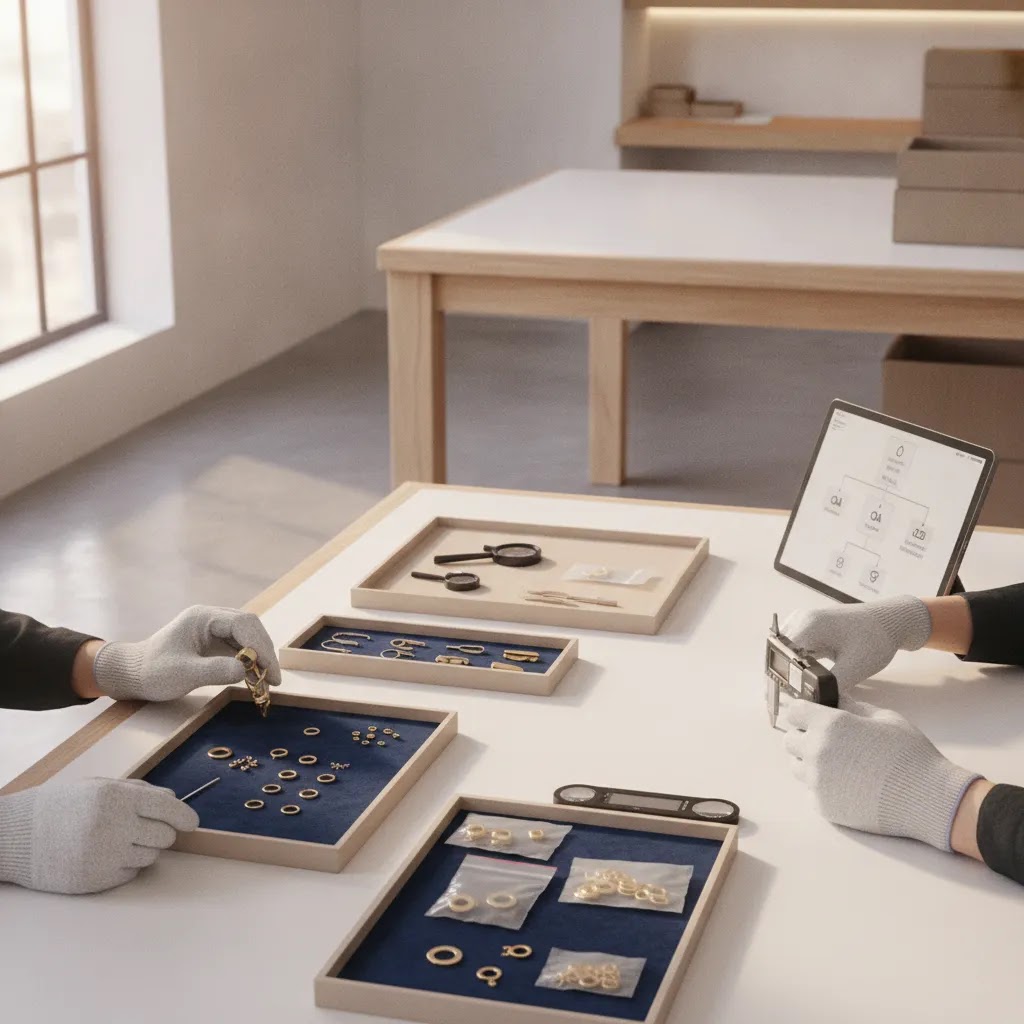 gold vs gold plated quality assurance inspection scene for wholesale jewelry manufacturing