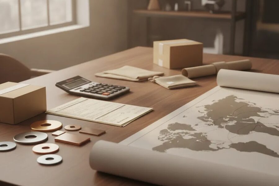 How do tariffs affect jewelry manufacturing costs shown through a premium workspace with sourcing documents, shipping planning, and cost analysis tools