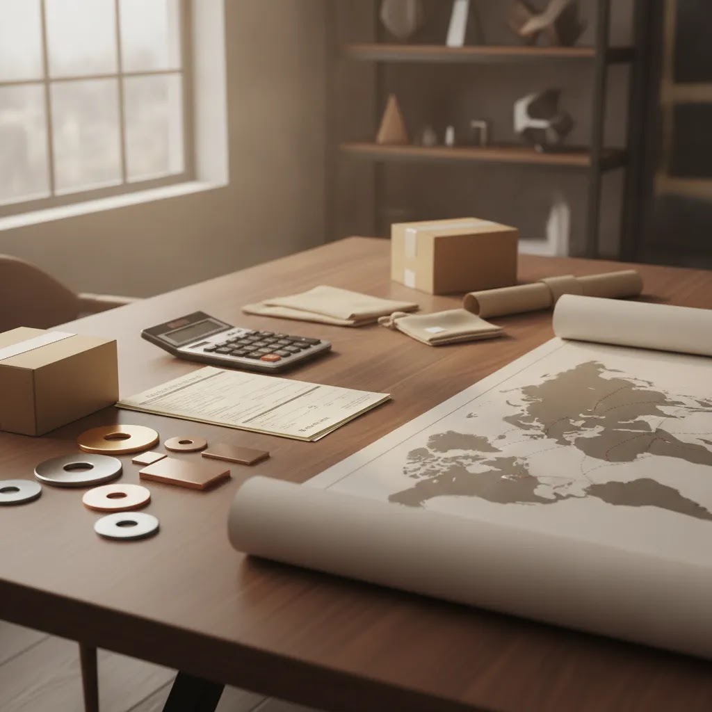 How do tariffs affect jewelry manufacturing costs shown through a premium workspace with sourcing documents, shipping planning, and cost analysis tools