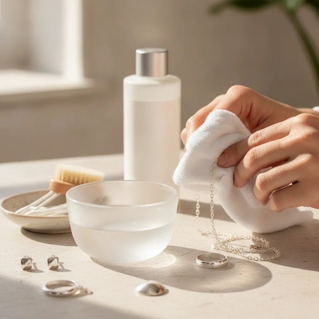how to clean silver jewelry using a gentle controlled method on sterling silver jewelry in a professional studio setting