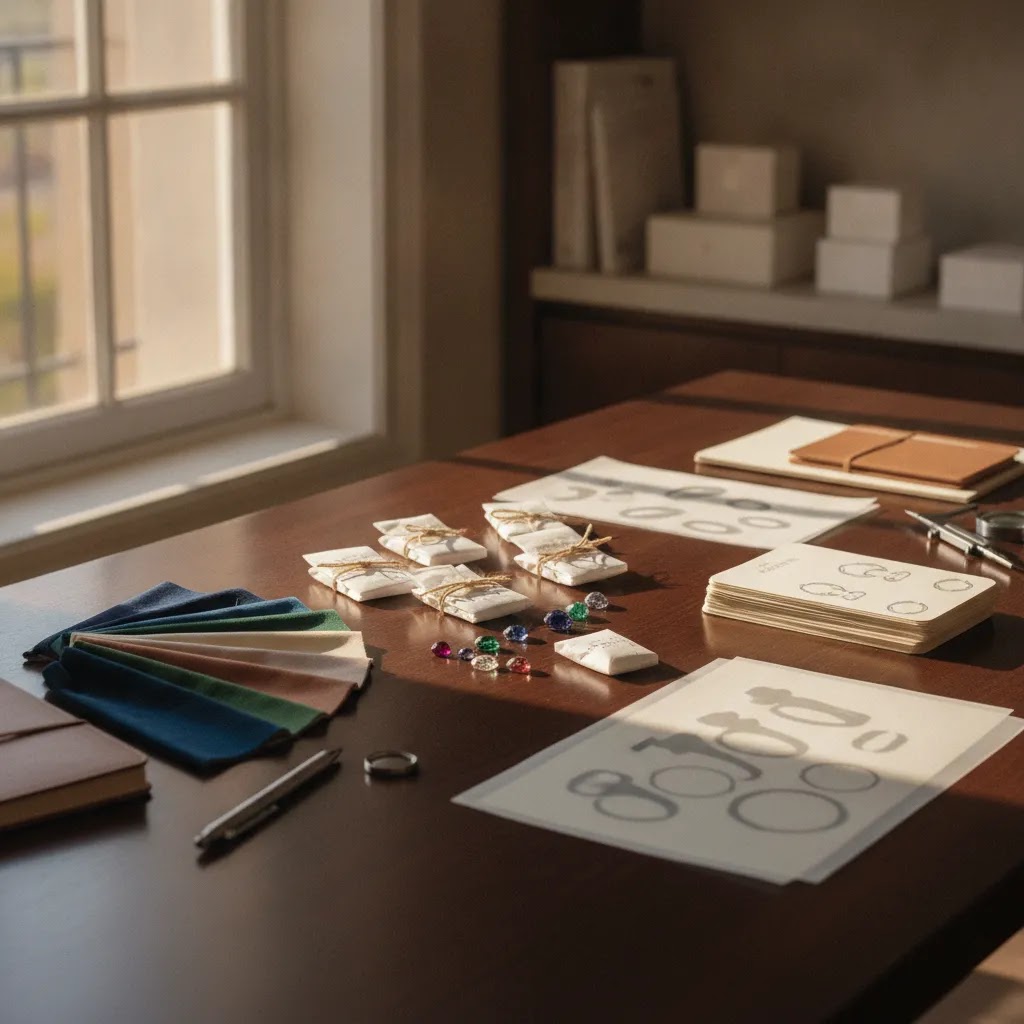 Moissanite diamond right choice next jewellery design shown through a luxury jewellery assortment planning workspace