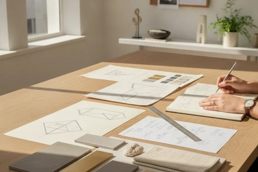 Editorial workspace illustrating the jewelry manufacturing process concept creation with sketches, swatches, and planning materials