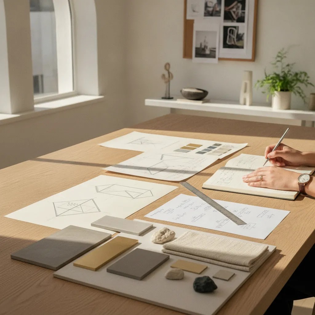 Editorial workspace illustrating the jewelry manufacturing process concept creation with sketches, swatches, and planning materials