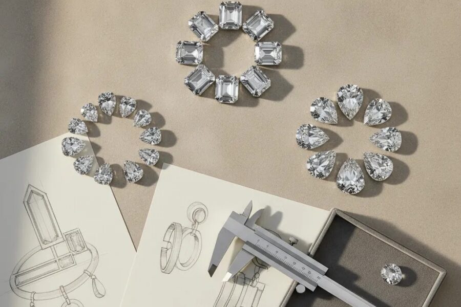 Moissanite diamond right choice next jewellery design concept with loose gemstones and jewellery planning tools in a premium editorial scene