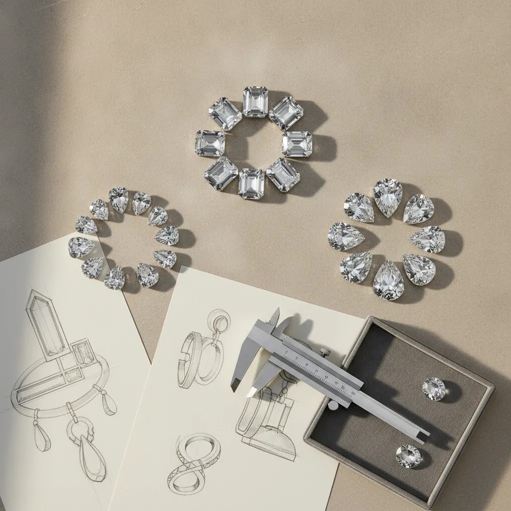 Moissanite diamond right choice next jewellery design concept with loose gemstones and jewellery planning tools in a premium editorial scene