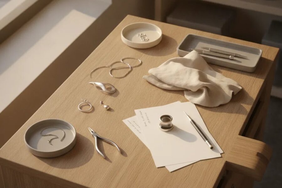 Repair sterling silver jewelry guide showing a professional unbranded jewelry assessment workspace for quality control and restoration decisions