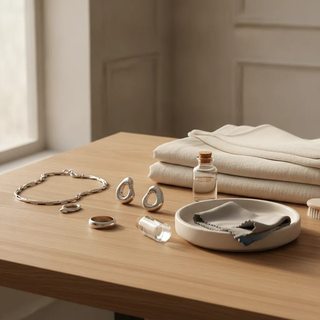 Luxury lifestyle scene representing sterling silver jewelry care guidance and long-term customer value