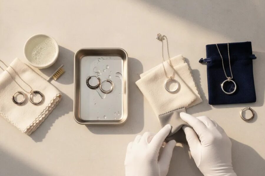 5 steps to make your sterling silver jewelry look like new with a premium editorial flat lay of clean and polished silver jewelry care tools
