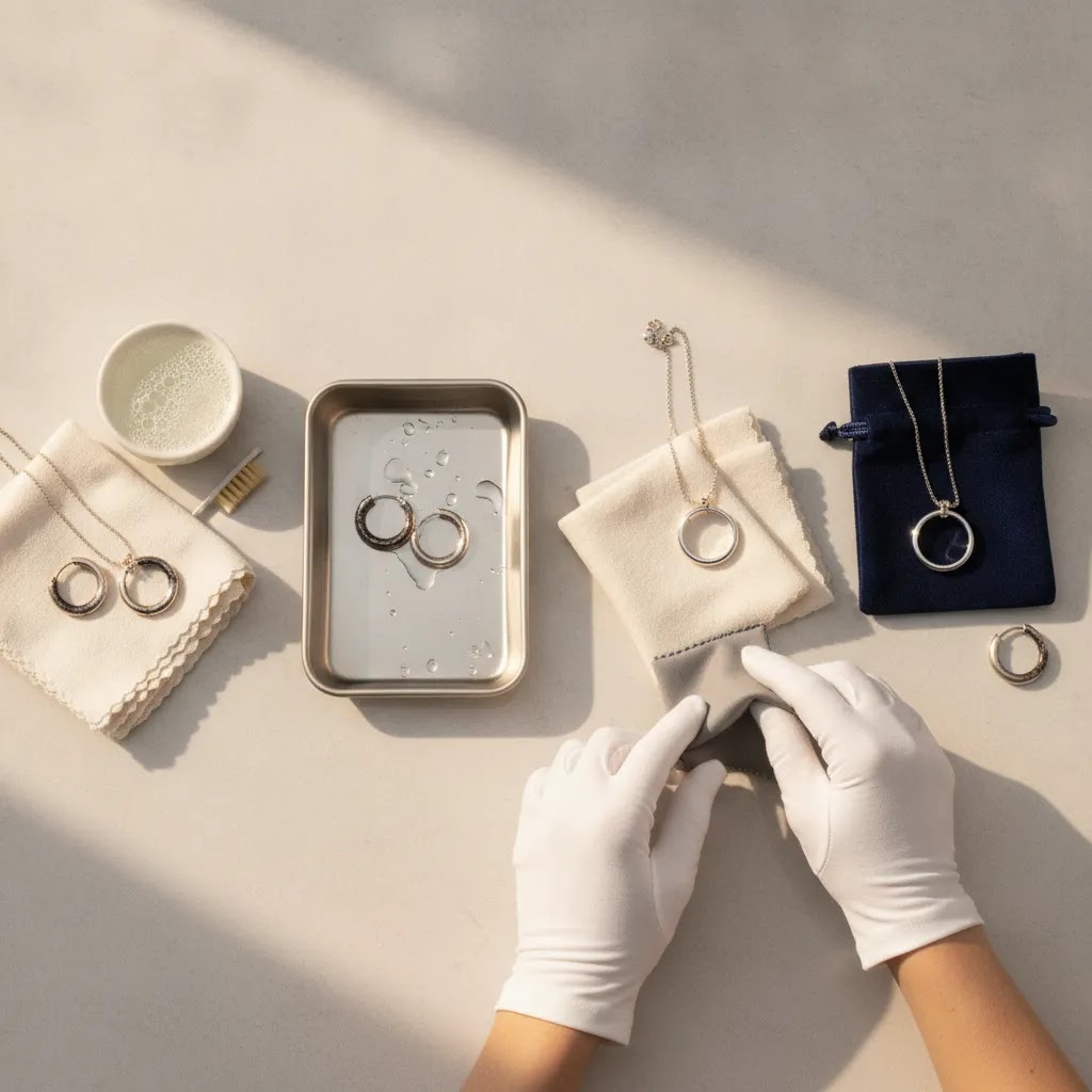 5 steps to make your sterling silver jewelry look like new with a premium editorial flat lay of clean and polished silver jewelry care tools