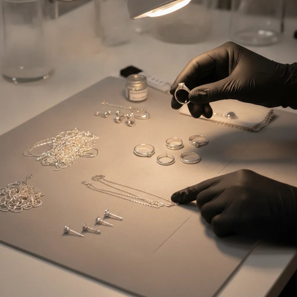 sterling silver jewelry inspection scene showing professional quality control before cleaning and polishing