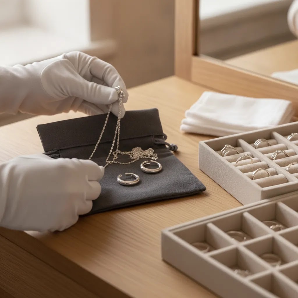 sterling silver jewelry storage and handling setup showing organized chains rings and earrings after care