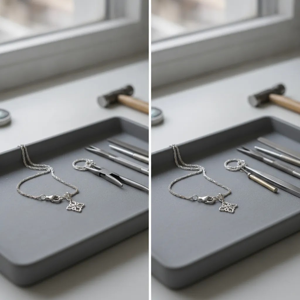 Repair sterling silver jewelry comparison showing professional assessment of damage versus restored finish in a wholesale quality setting