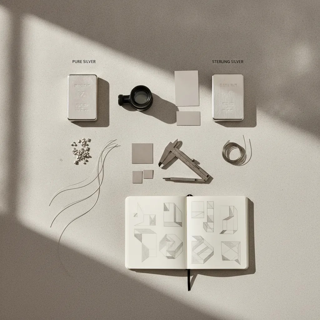 Sterling silver vs pure silver comparison scene with unbranded jeweler materials for jewelry line planning