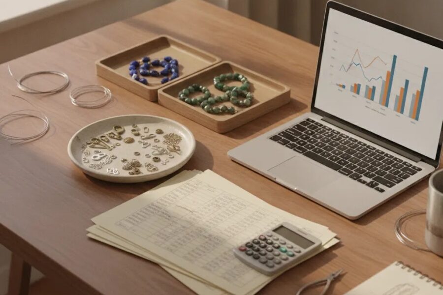 Tariffs impact on jewelry prices shown through a wholesale planning desk with cost analysis tools and unbranded jewelry materials