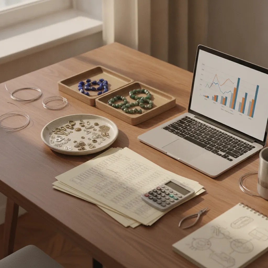 Tariffs impact on jewelry prices shown through a wholesale planning desk with cost analysis tools and unbranded jewelry materials