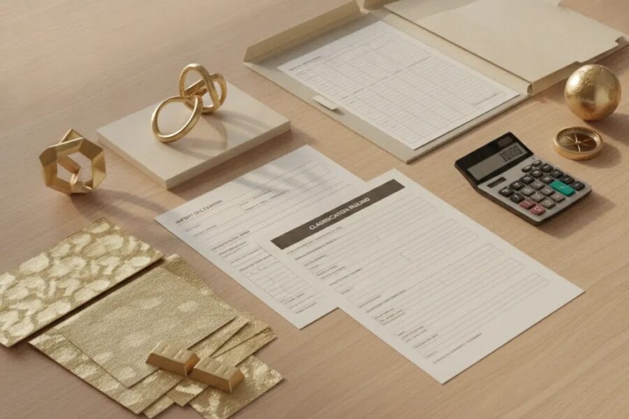 Tariffs on gold jewelry guide with customs paperwork and import cost planning workspace