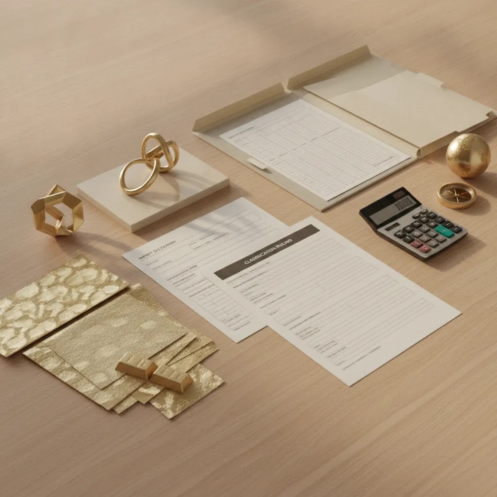 Tariffs on gold jewelry guide with customs paperwork and import cost planning workspace