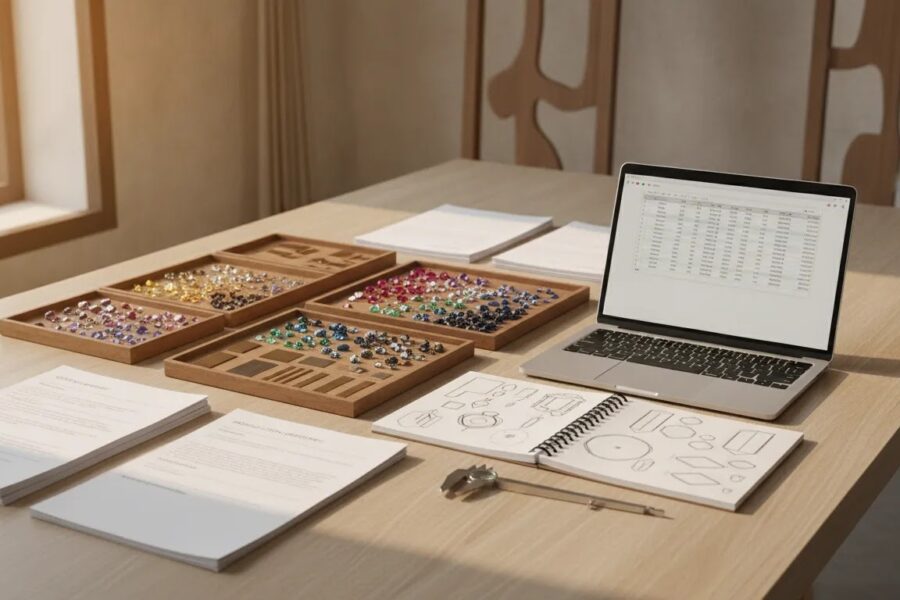 Thailand destination elevate jewelry business concept with professional jewelry sourcing workspace and manufacturing planning scene