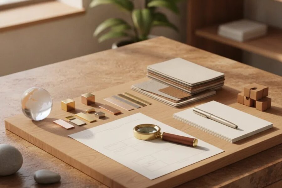 What is ethical jewelry concept image showing a premium B2B sourcing workspace with unbranded materials and documentation