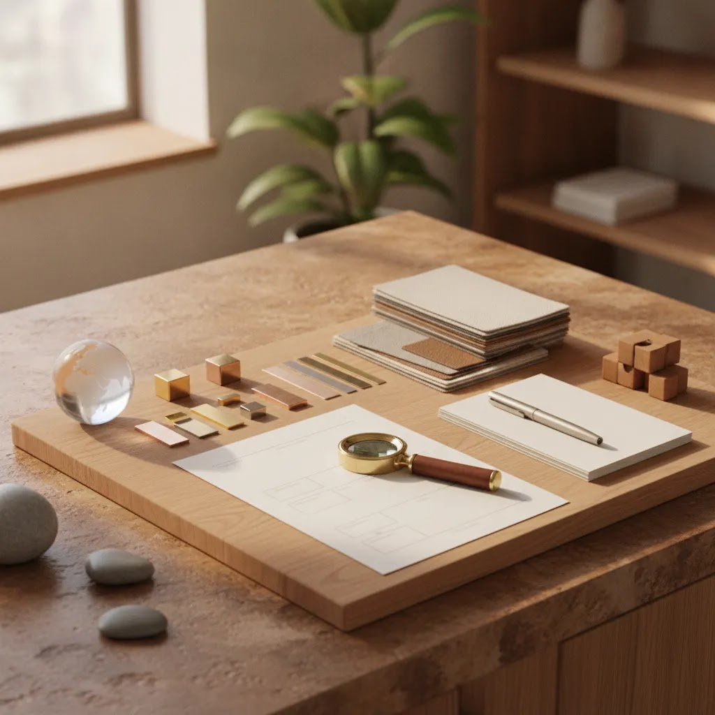 What is ethical jewelry concept image showing a premium B2B sourcing workspace with unbranded materials and documentation