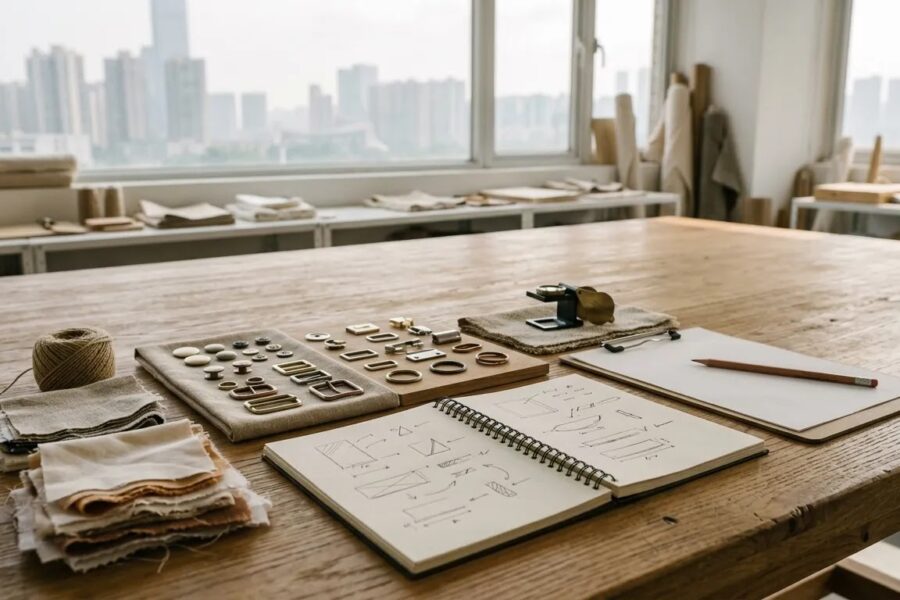 Professional workspace for china guangzhou jewelry sourcing with material samples and supplier review documents