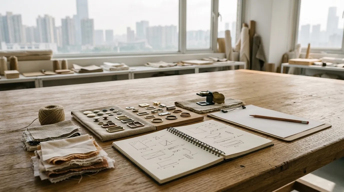 Professional workspace for china guangzhou jewelry sourcing with material samples and supplier review documents